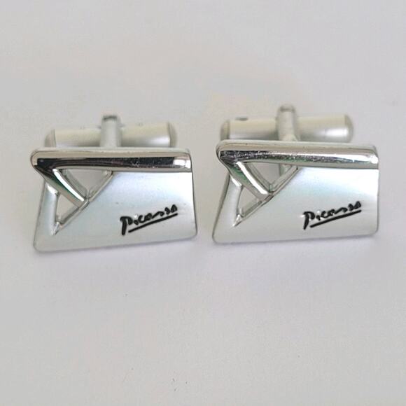 Paloma Picasso Silver Tone Rectangle Logo Cufflinks Designer Geometric - Picture 1 of 5